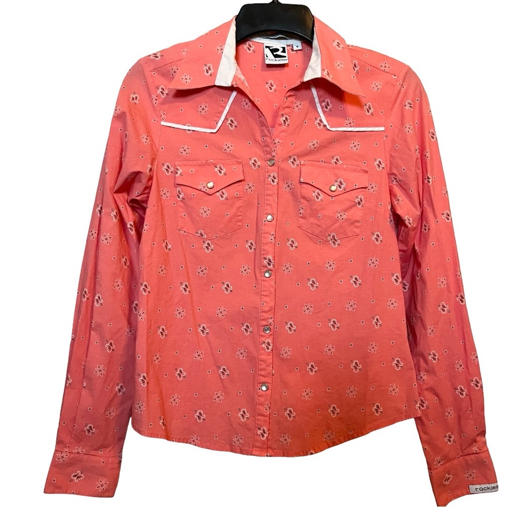ROCKIES x Vintage Coral Bandana Print Pearl Snap Western Shirt Sz S Like New - Picture 2 of 12